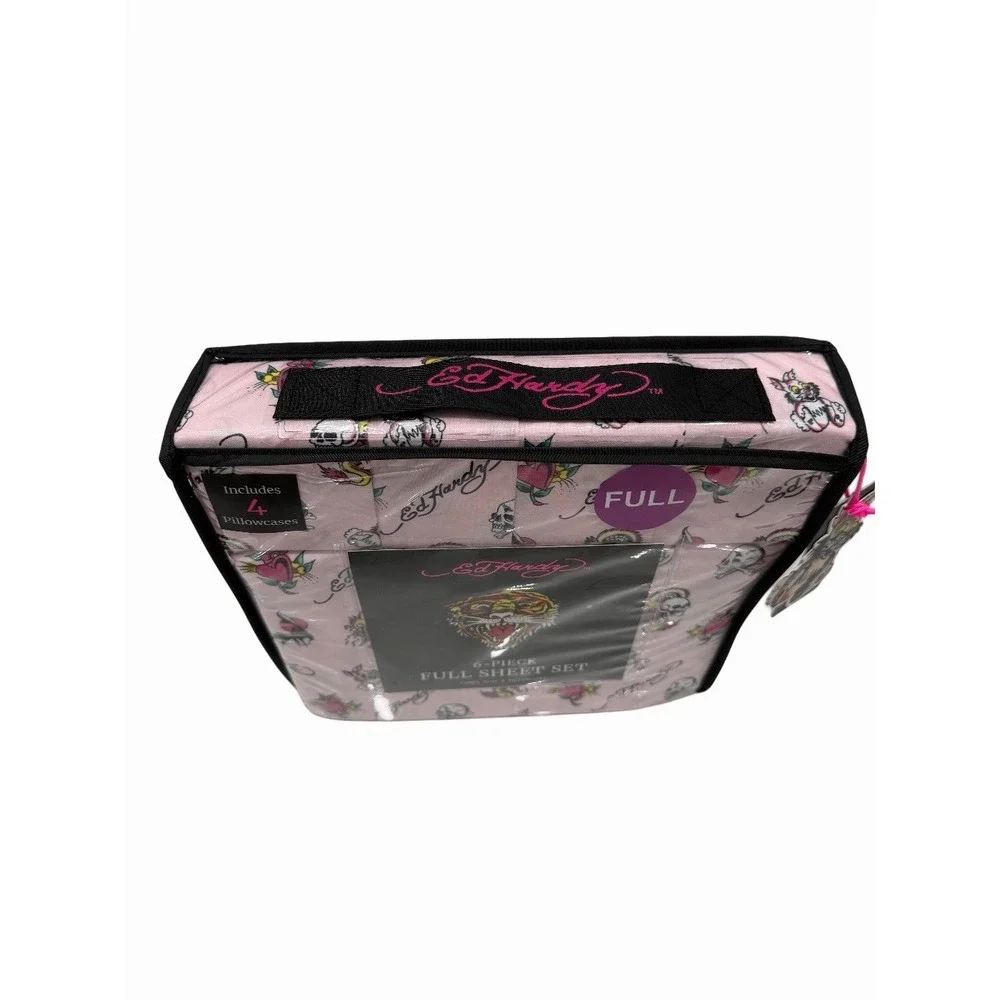 Ed Hardy 6-Piece Full Size Sheet Set Pink Skull Print New